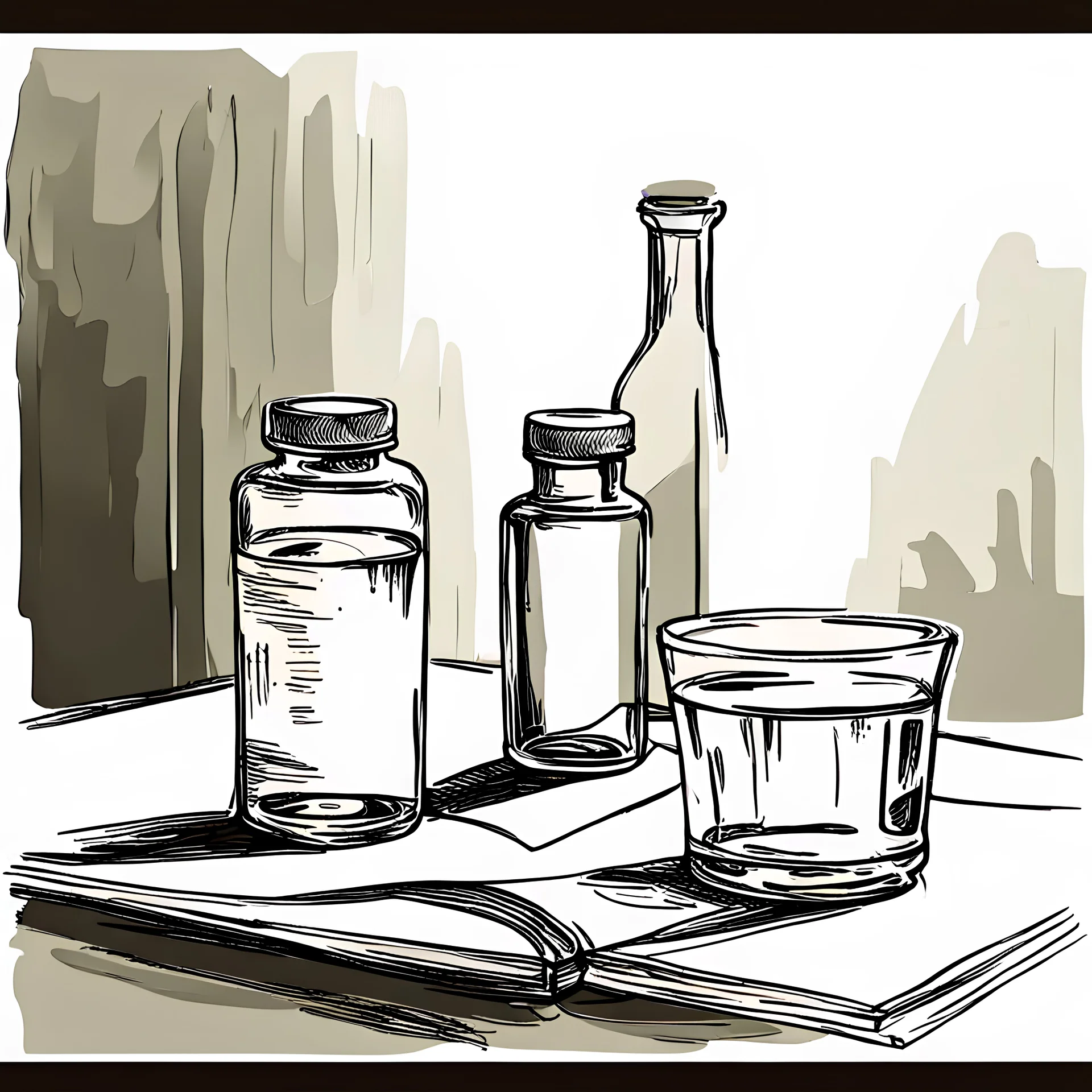 sketch, a bottle of a medicine , with a glass of water