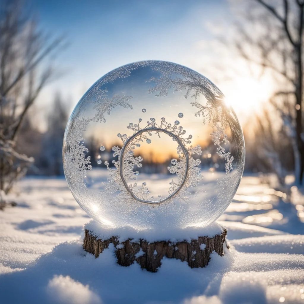 Frozen bubble in front of a snowy landscape, the bubble has wonderful icecrystals and the sun is shining, frozen, cold outside, swirley golden and silver lines, beads and pearls cover a tre trunk in the background