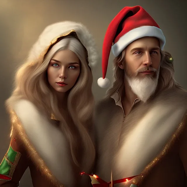 two elves. woman and man. Christmas scene. photorealistic. low-key