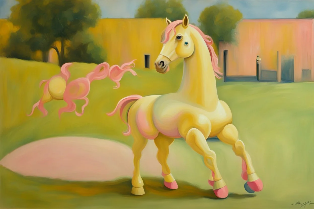 Big pink plastic toy horse.19th painting