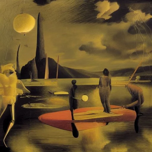 dusk landscape with lake,boat and human body, universe-like Soap Bubble,complex surgical instruments mixed with human body-like musical instruments,minimalism,Painting By Adrian Ghenie, Rene Magritte, Basquiat ,Salvador Dali, Lucian Freud, Jan Van Eyck