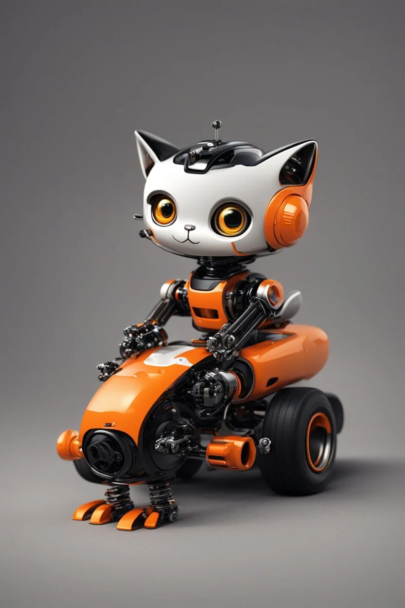 little robot cat, fixing with a racing car, orange and black