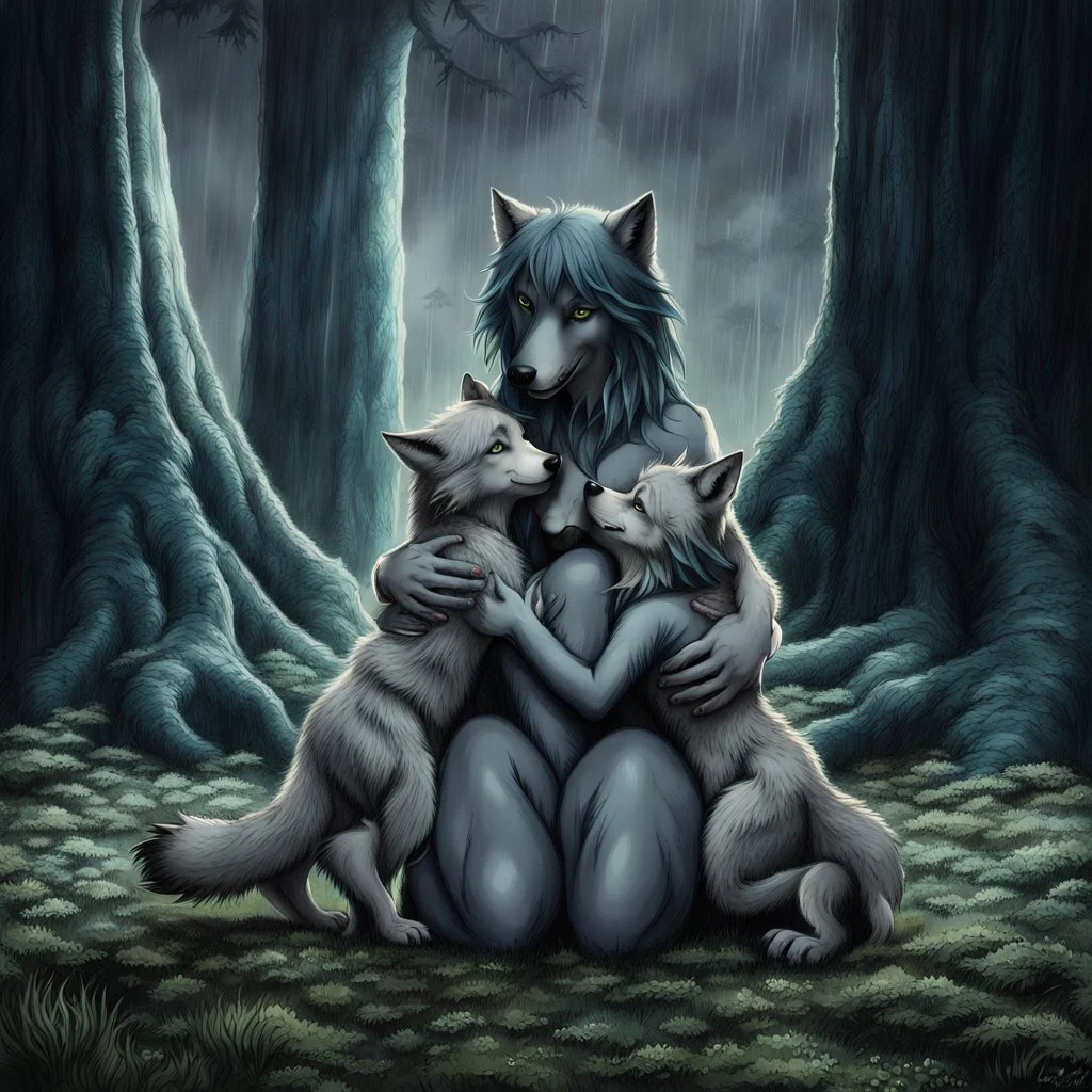 an anthropomorphic female wolf hibrid hugs with paws her two anthropomorphic wolf-kid hibrid child on field, in background tall trees wirh big trunks, rain, down on blue-green moss, hug each other , rainy day, high contrast, high detalied, atmospheric, fantasy, sci-fi mood