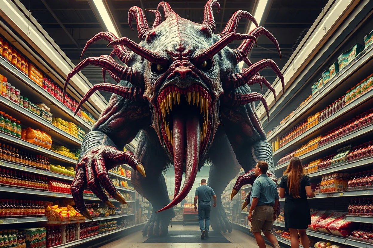 A horrific giant monstrosity abomination monster with sharp teeth, guts, secretions, unnerving appearance, long tongue, grotesque body, poisonous stingers, chasing grocery store employees down the isle, chaos and horror, cinematic body horror