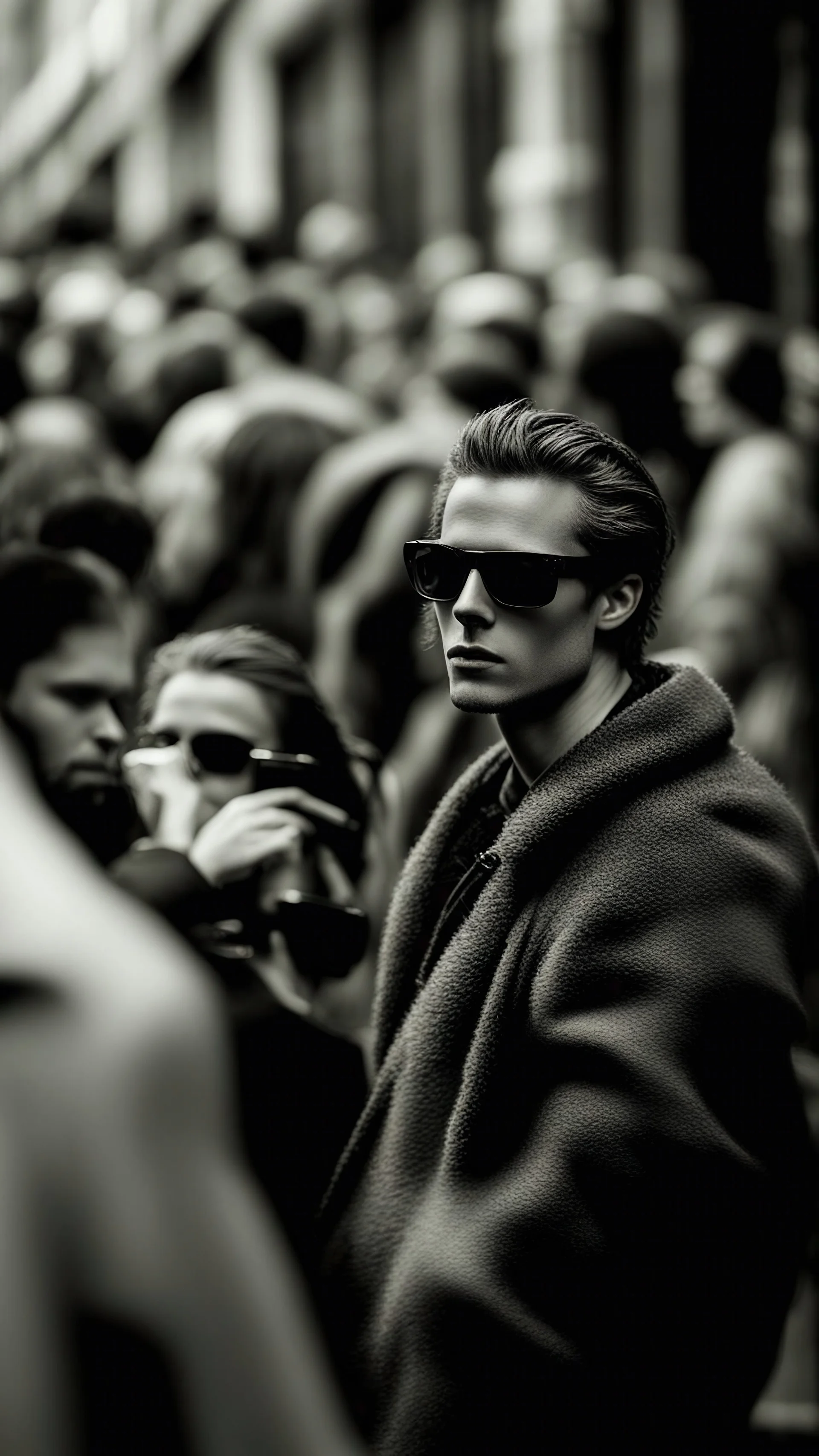Prompt: "Close-up paparazzi shot, handheld zoom, blurred crowd in background, subject glancing back, dramatic faces, flash reflection on sunglasses, gritty film grain, real-world imperfections, 'caught on camera' aesthetic." Size: 1024x1536