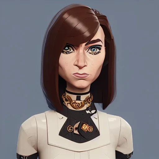 anna wintour with dark brown hair, blue eyes, happy, lego, steampunk