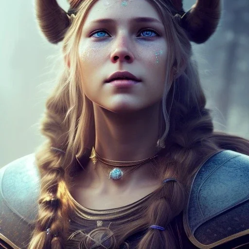 long haired viking woman, 4k, portrait of a beautiful woman, facial war paint detail, ambient detail, depth of field, crystalized complimentary colors, warrior, atmospheric, realistic, unreal engine, lighting, octane render, proportional,