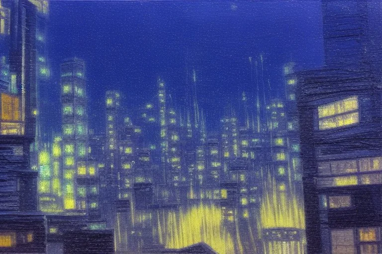 Night, winter, cyberpunk buildings in the mountains, tendency to science fiction, impressionism painting