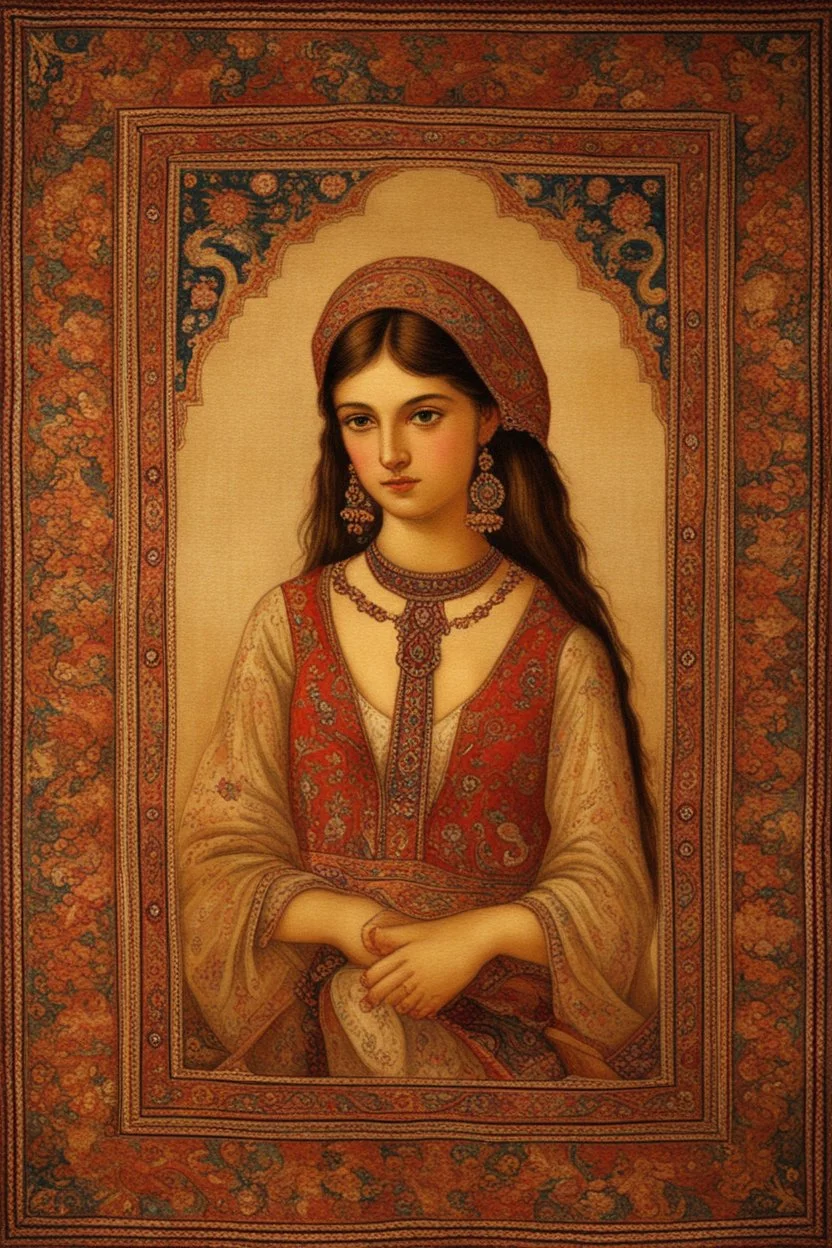 An intricate Iranian carpet from the Byzantine era in the center of the painting Beautiful gypsy girl.