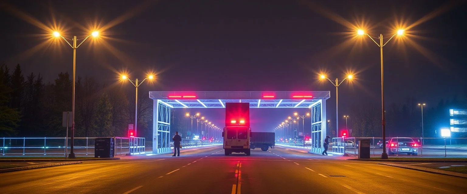 a realistic holographic Russian military checkpoint projected by the street lights in front of utopia green world