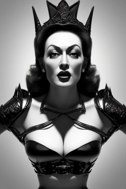 Joan Crawford as evil queen in black leather, busty, cleavage, dominatrix, curvy, angry, stern look. unreal 5, octane render, cinema4d, dynamic lighting, dramatic lighting, 4k, redshift render, highly detailed, hyper realistic,anthropomorphic black wolf long