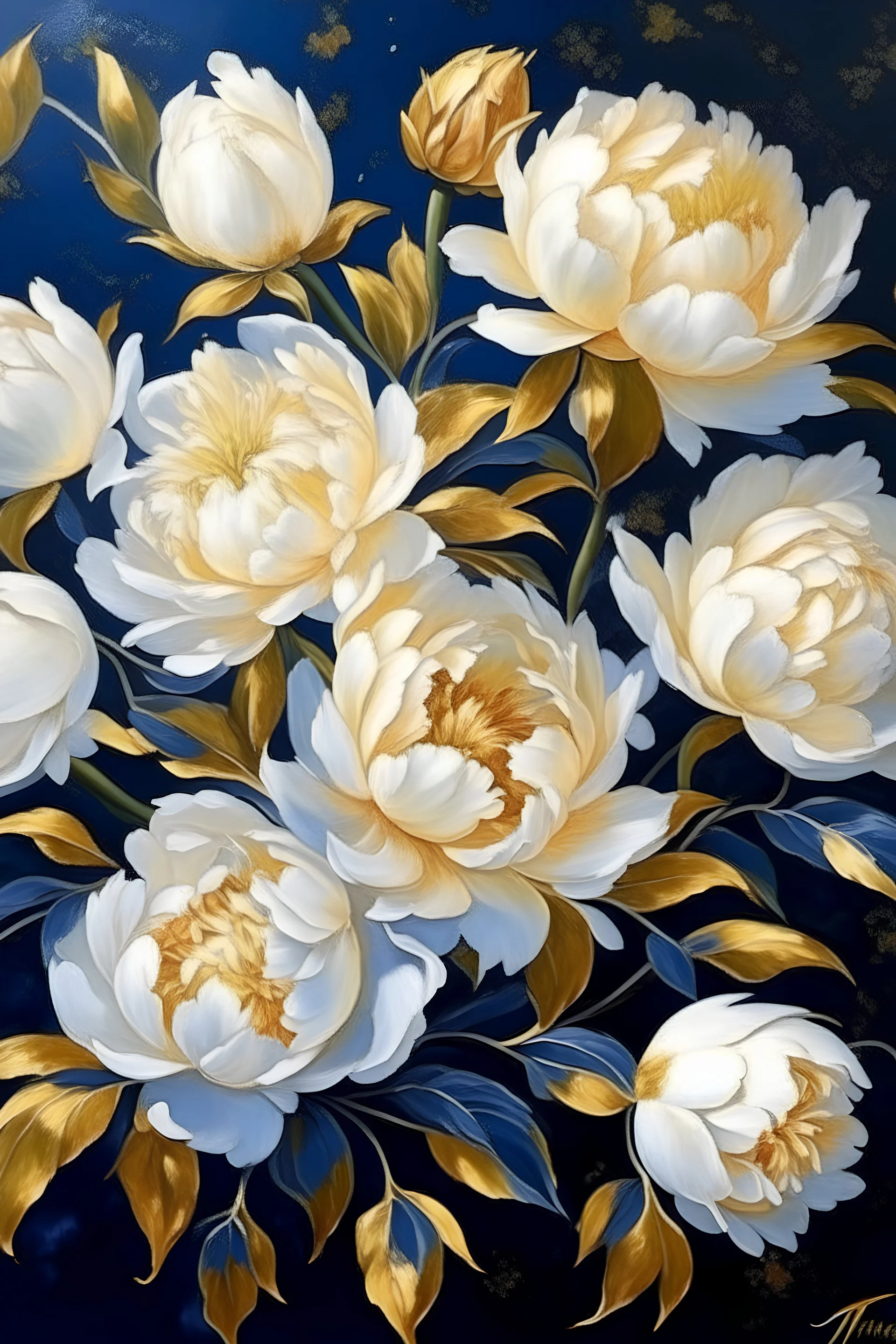 painting of white small Peonies flowers with gold flowers in center of canvas dark blue background