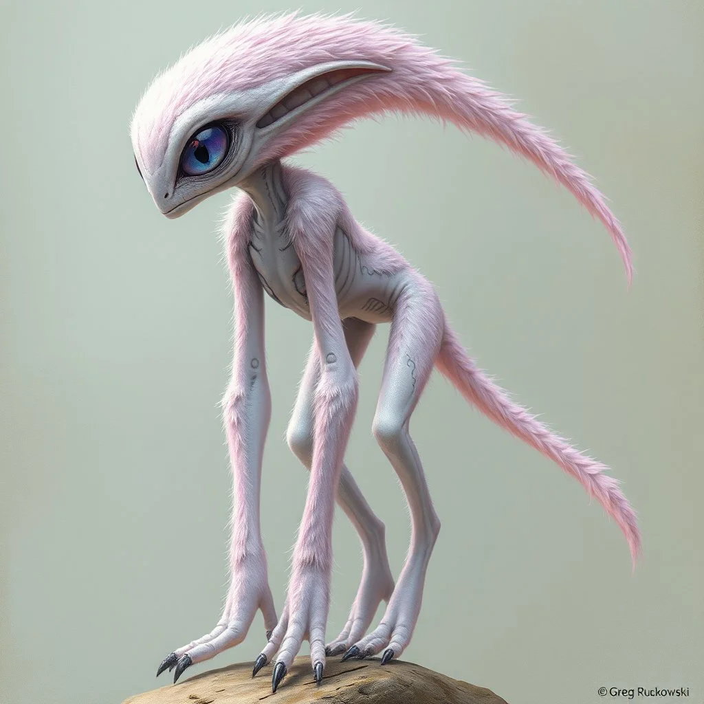 extraterrestrial being, female, bipedal, otherworldly, pastel pink fur-covered skin, large lavender eyes, long feathery tail, alien, intricately designed, highly detailed, Greg Rutkowski