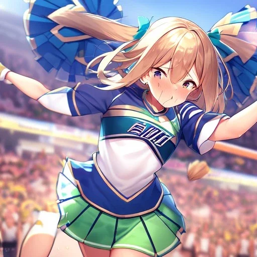 Clear focus,High resolution,High quality, An anime girl, cheerleader, jumping, sweating