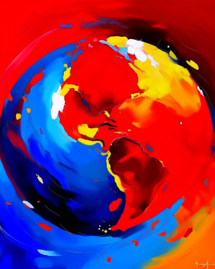abstract painting of a planet earth in bold red, orange, and blue tones, dynamic brush strokes, ocean background hinted through color layers, expressive and elegant modern art, oil paint texture, --ar 4:5 --v 6 --style raw --quality 2