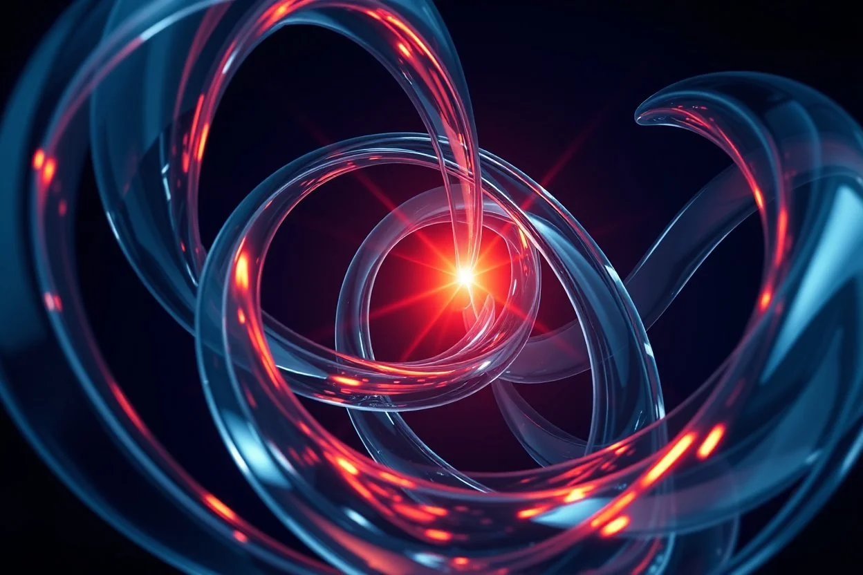 A mesmerizing abstract composition of interlocking glass and chrome ribbons swirling together. A fiery core of orange and red light pulses at the center, creating sharp highlights on the polished surfaces. The background transitions into deep navy shadows, emphasizing the high-contrast lighting. Fluid textures and a high-tech, futuristic mood.