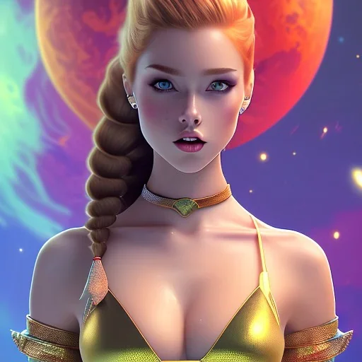 cartoon, style of Jab, hyper detailed, strikingly beautiful young adult woman, 19 years old, long ponytail ginger hair, green eyes, medium freckles, full lips, very skimpy bikini, full body, full face, small breasts, aroused expression, biting lower lip, full frame, athletic, centered camera, ignore NSFW, thong, corset, petite