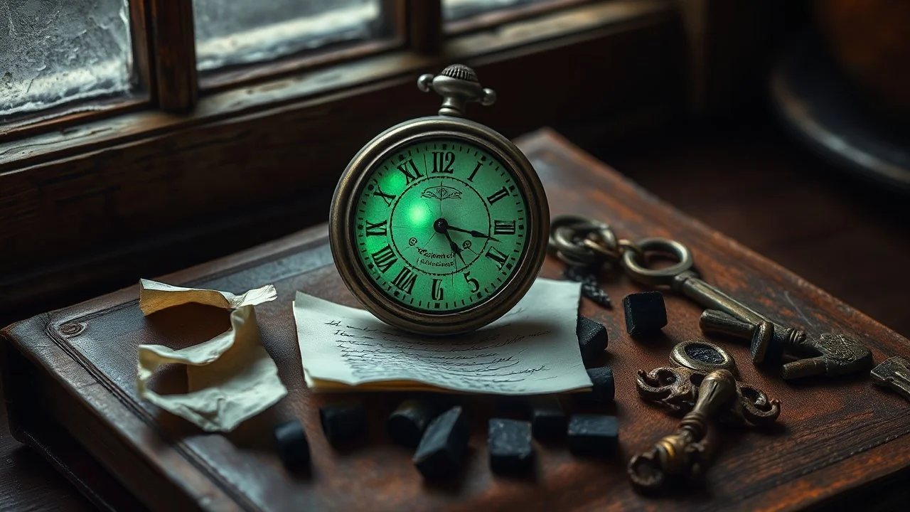 A tarnished silver pocket watch sits atop a book bound in distressed leather. The watch's intricate filigree has faded with the passage of time, its dial cracked and frozen at 11:59. A faint, eerie green glow emanates from inside the cracks. Scattered around the clock are scattered objects: A crumpled note with illegible scribbles Several pieces of blackened candles A tarnished brass key The scene is dimly lit, as if illuminated only by moonlight filtering through a dusty window. Shadows creep a