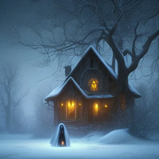 robed grim reaper behind sad, abandoned, miserable dog tied to a tree outside with house in background, winter, loneliness, 8k resolution, high-quality, fine-detail, iridescent, intricate, digital art, detailed matte, volumetric lighting, illustration, 3D octane render, brian froud, howard lyon, selina french, anna dittmann, annie stokes, lisa parker, greg rutowski