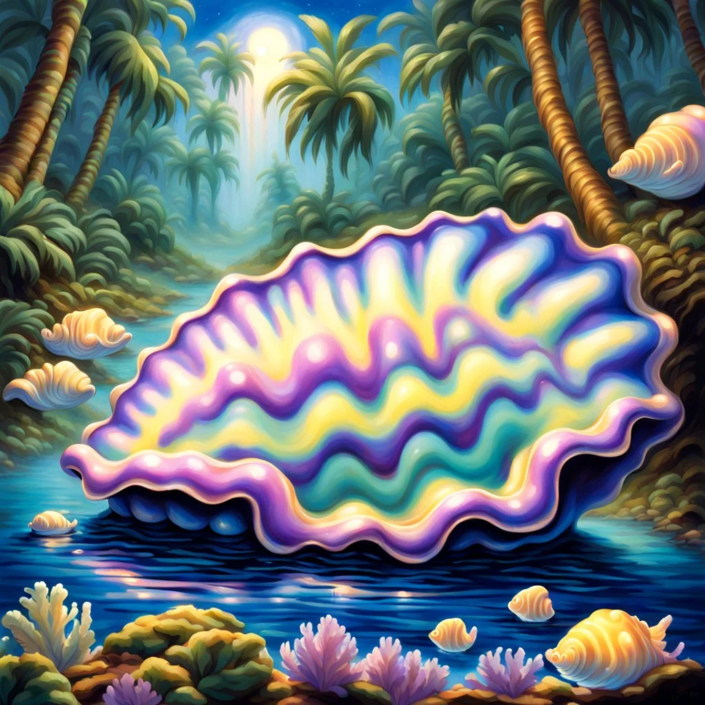 fantasy 90's tcg art of pearlescent giant clam with pearl