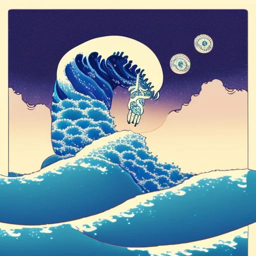 An astronaut floating in space surrounded by a halo of glowing jellyfish, done in the style of Hokusai's The Great Wave off Kanagawa