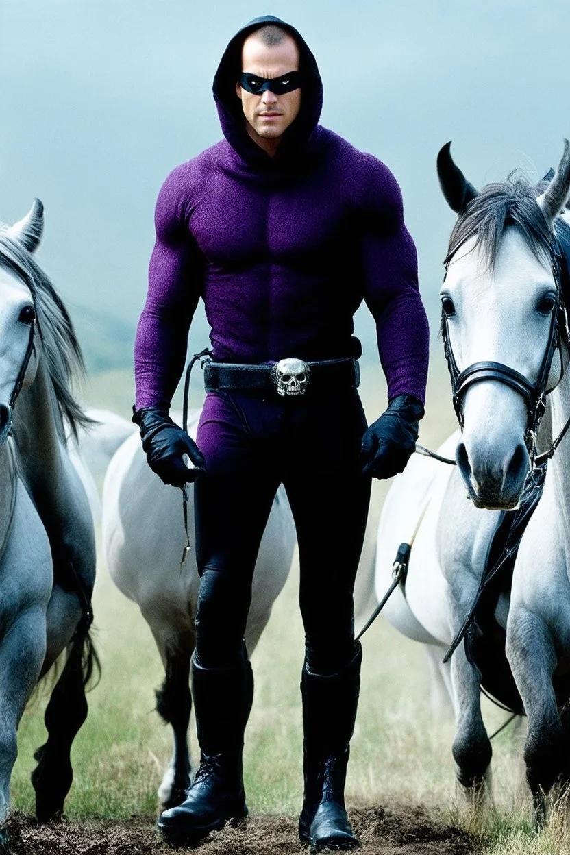 Movie Poster - ((("THE PHANTOM"))), extremely thick, muscular, 6'6'' 18-year-old Billy Zane with extremely exaggerated muscles as the Phantom, long-sleeved, textured, padded purple cotton bodysuit with skintight, formfitting textured purple cotton cowl with ((black eye mask)) and widow peak, black gloves and wrist gauntlets, black boots, double holstered utility belt, skull-shaped belt buckle, glowing, white eyes, standing next to his white horses, captured in a breath-taking explosion of color,
