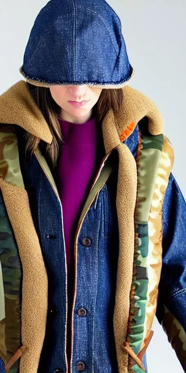 Image shows wholly a Brunette. average body type. Mantle is sewed of recycled Denim and sewed together of camouflage pieces. Camouflage colors are orange,terracotta, cream and purple. Cream latex gaiter. Big bright purple/khaki felt tippet and cream or blue or lilac colored-hood. mantle is merged with satchel. . AKG-style headphones (gold rings!) is merged with small felt cap with small visor. Style: Haute Couture in 1936, Paris fashion in 2023, inspired by street art.