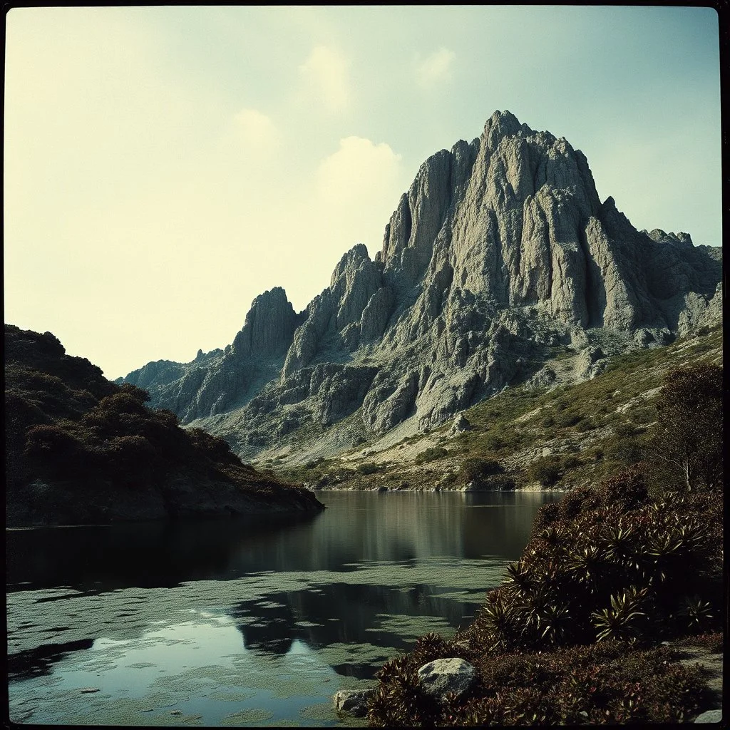 Sublime foto close-up polaroid ad alta definizione di una montagna rocciosa, un lago, surreale, colors, cityscape scifi, collage art, dadaism, sublime, splimapys nero, cielo nero, acqua nera, macabre piante circondano il lago, alghe, hypermaximalist, Max Ernst style, strangeness, intricate, hypnotic, obsessive, 8k, deep 3d field, very accentuated details of the rocks and shtn, eerie, artistic photo, shot on Hasselblad, large format film, medium format film