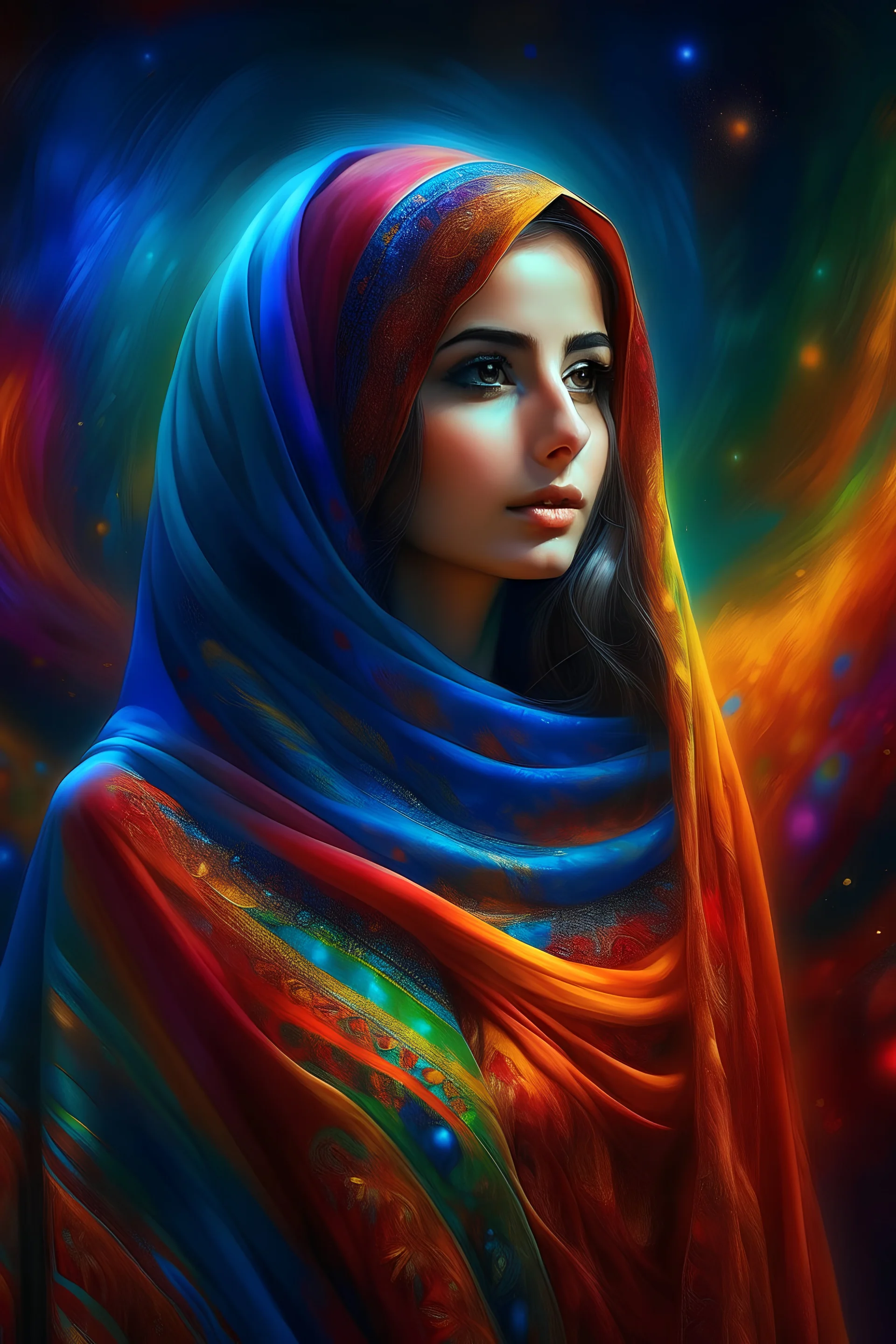 a beautiful urdu muslim woman wearing a graceful long robe, colliding universes, triadic colors, DSLR, veiled, in shaiya style, concept art from art station, photo, realistic, lithe body, nineteen years old, volumetric lighting