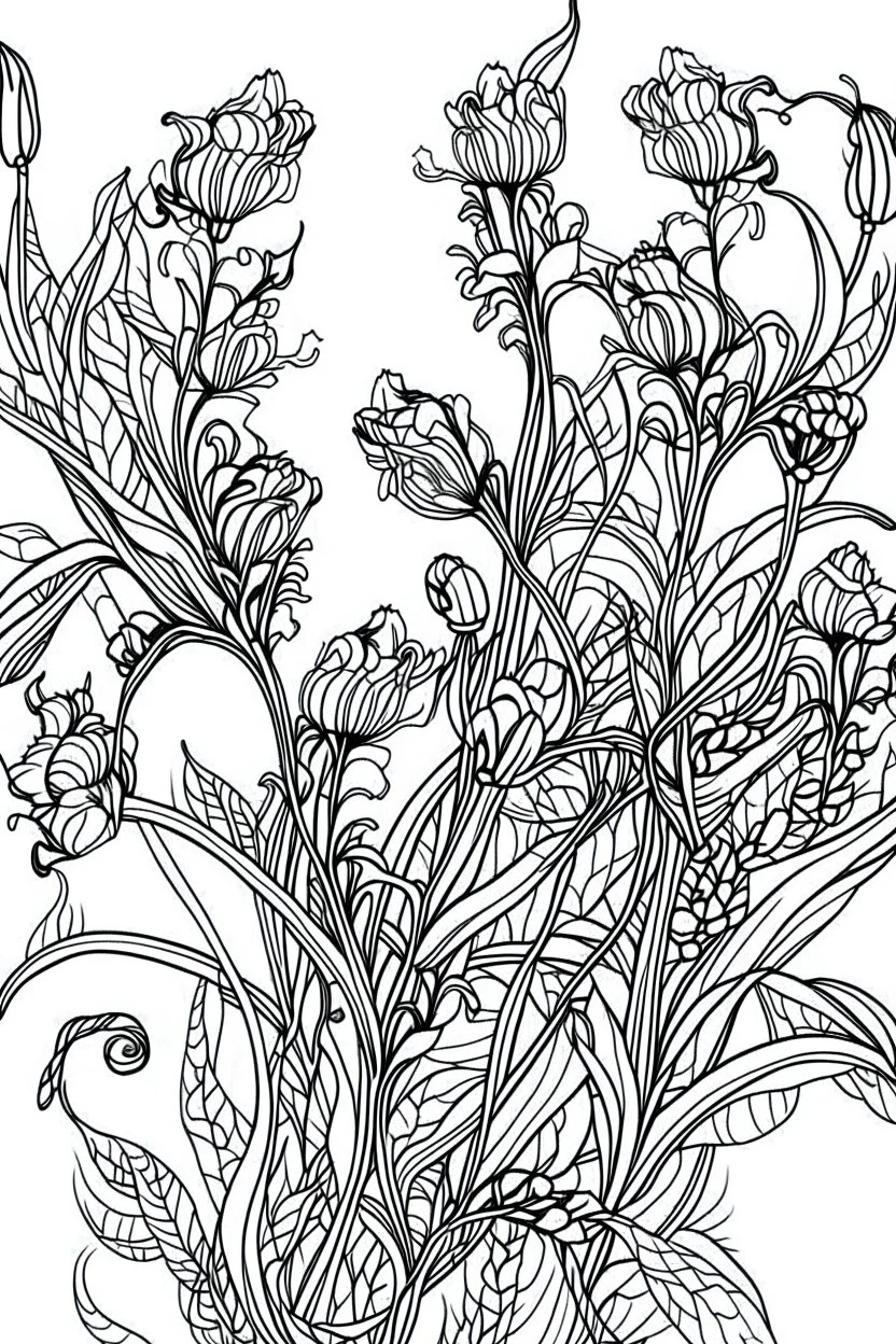 Outline art for coloring page, AVANT GARDE DRAWING LAVENDAR FLOWERS, coloring page, white background, Sketch style, only use outline, clean line art, white background, no shadows, no shading, no color, clear