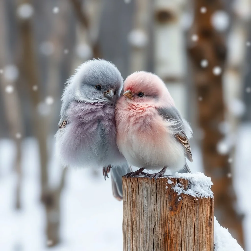 close up of a fluffy adorable light purple bird closely snuggling up against a light pink fluffy bird on a rustic wooden fence post during a snowstorm, intricate feather textures, birch trees in background, high shutter speed nature photography, sharp feather texture and coloring, soft winter light filtering, ambient shadows, cool color palette, by Andy Kehoe