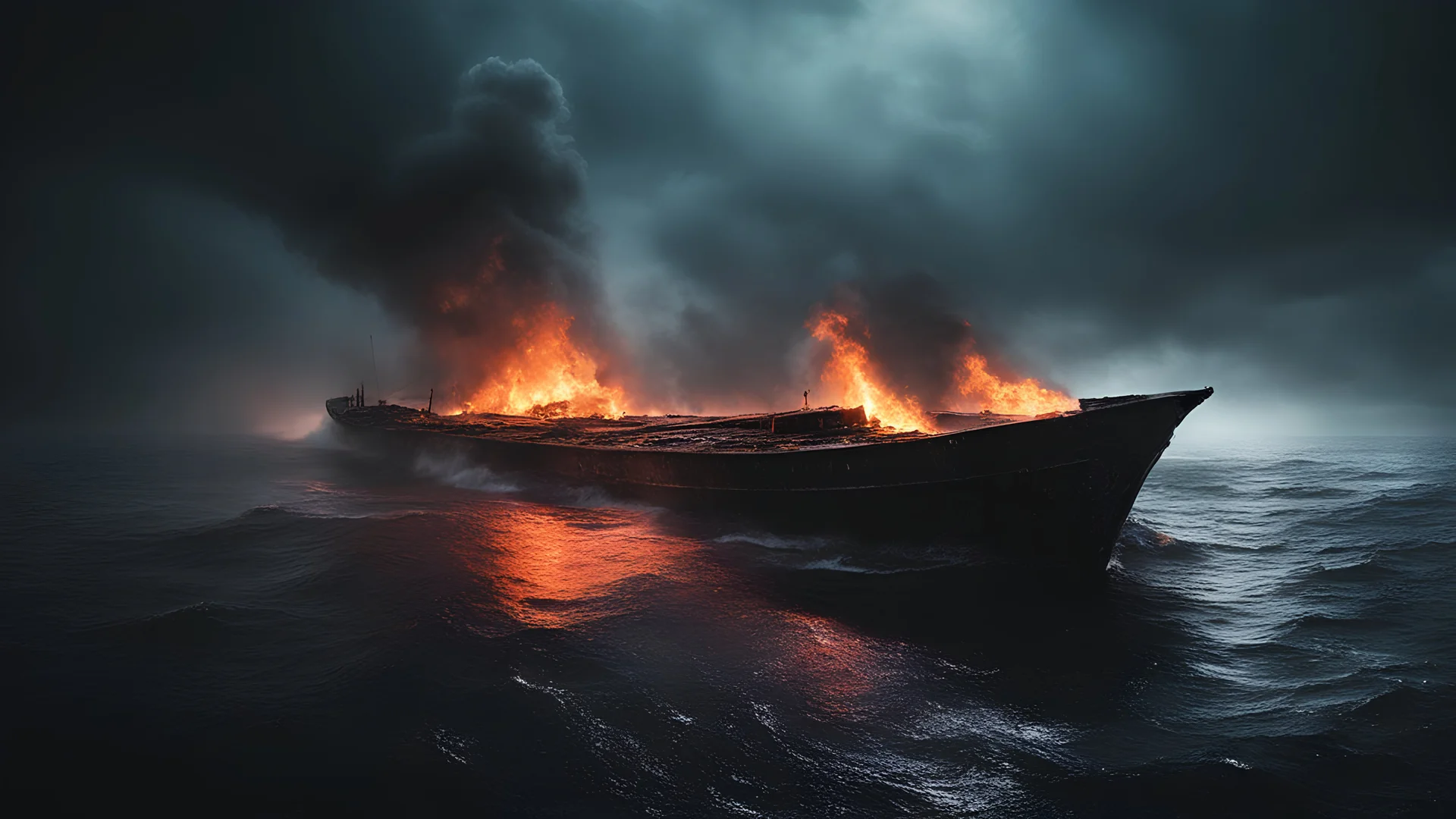 photoreal magnificent view of a sinking burning boat in an enormously vast underground ocean, black as the night, dotted with neon glowing islands by lee jeffries, otherworldly, in the style of fantasy movies, photorealistic, shot on Hasselblad h6d-400c, zeiss prime lens, bokeh like f/0.8, tilt-shift lens 8k, high detail, smooth render, unreal engine 5, cinema 4d, HDR, dust effect, vivid colors