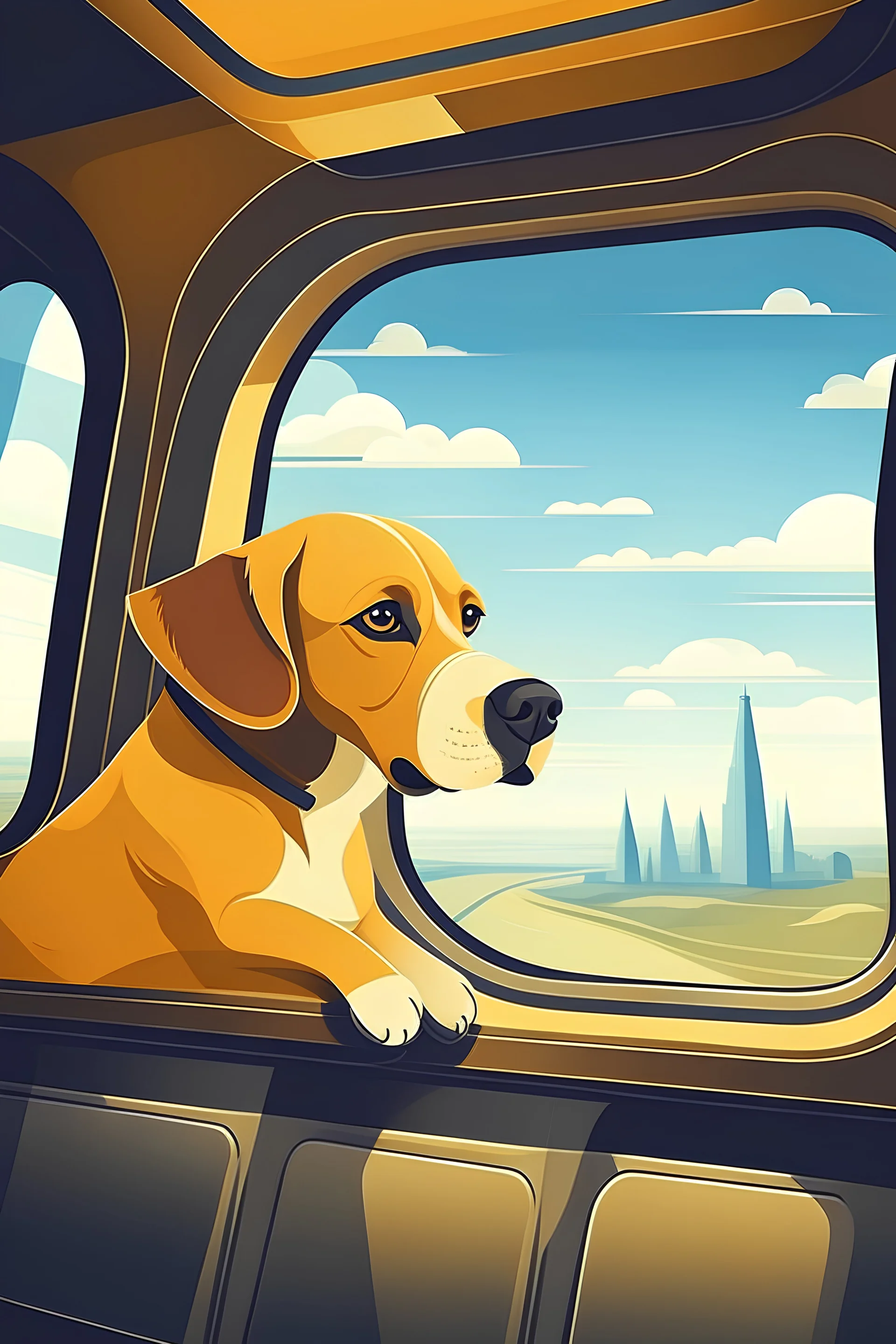 dog in an airplane, peering out of the window with excitement, the landscape changing from his departure to the approaching beauty of Istanbul vector art