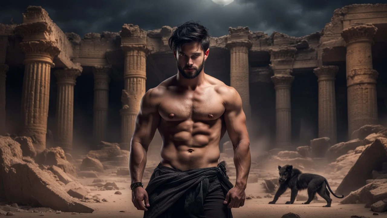 Hyper Realistic Handsome Muscular Shirtless Young-King-with short-black-hair-&-Beard standing with Black-Lion-with-horns-on-his-head inside a ruins of a lost-city between a desert at dark night with dramatic & cinematic ambiance