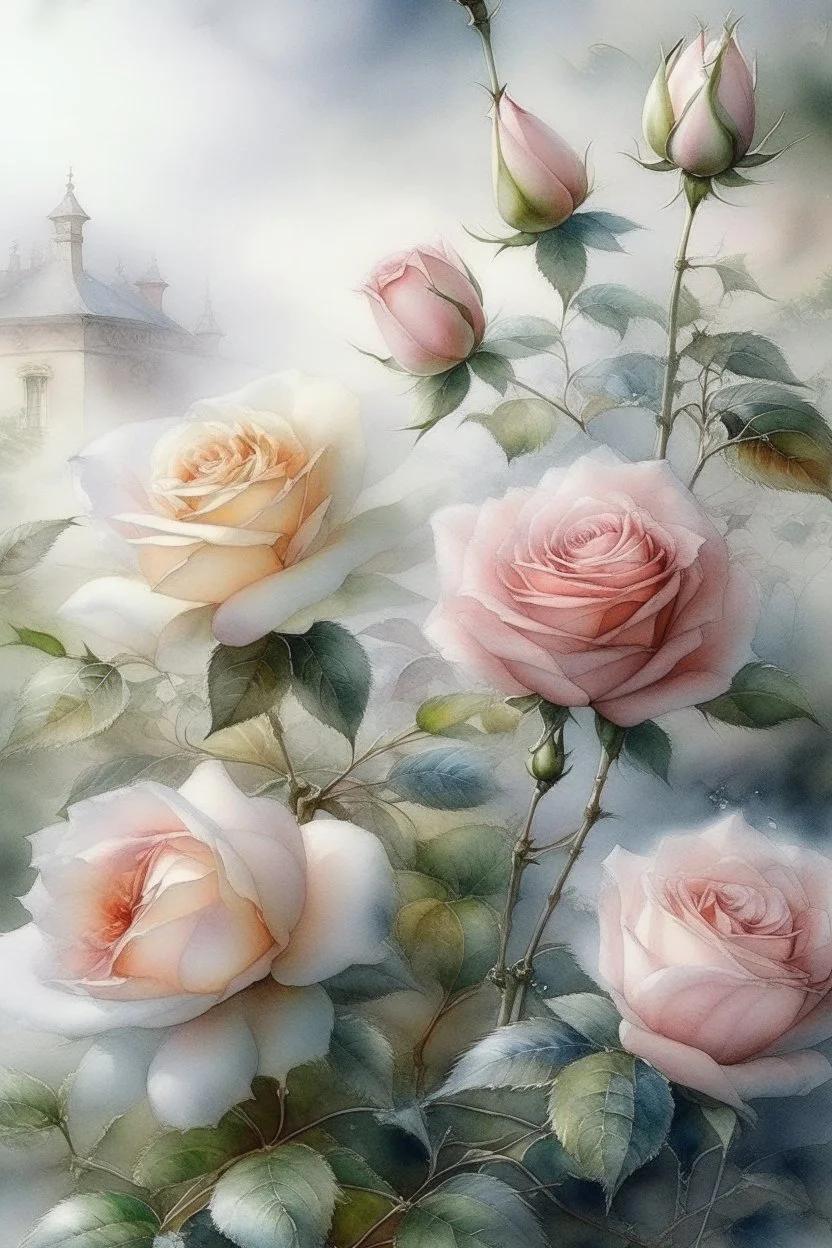 62. English watercolor, tea roses, drawing, beautiful landscape, fog, many details, delicate sensuality, realistic, high quality, work of art, hyperdetalization, professionally, filigree, silver haze, hyperrealism, professionally, transparent, gently pastel tones, backlight, contrast, fantastic, fabulous, unreal, translucent, glowing, clear lines, epic fabulous, 30mm lens, ISO 100, pixel graphics