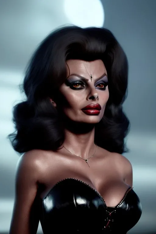 young sophia loren as evil queen in black leather, angry, stern look, volumetric lighting, particales,highly detailed,cinematic, deep colours,8