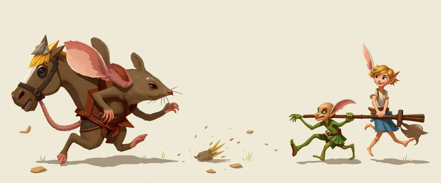 rat gremlin elf halfling pixie runner, competing with horse buldog