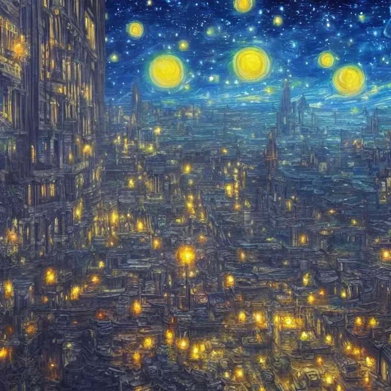 painting of a city in a fantasy starry night photorealistic