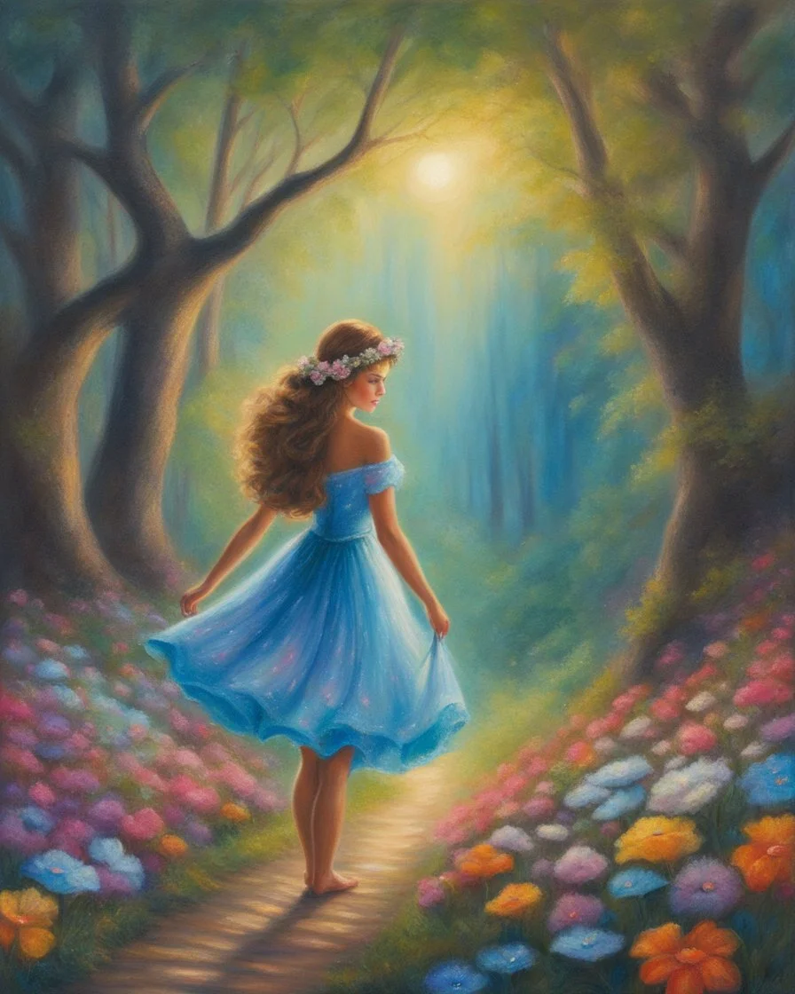 Oil pastel painting of a beautiful girl, fantasy, dream, forest, glitter background, beautiful, oil pastel painting, fantasy art, fairy, young girl, beautiful portrait painting, flowers, colorful, inspired by Thomas Kinkade, fine art, 8k