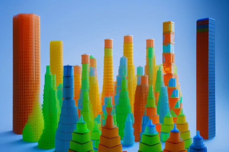 One mile tall plastic city Towers made out of stacked Rubik's Cubes, Orange, white, blue, green