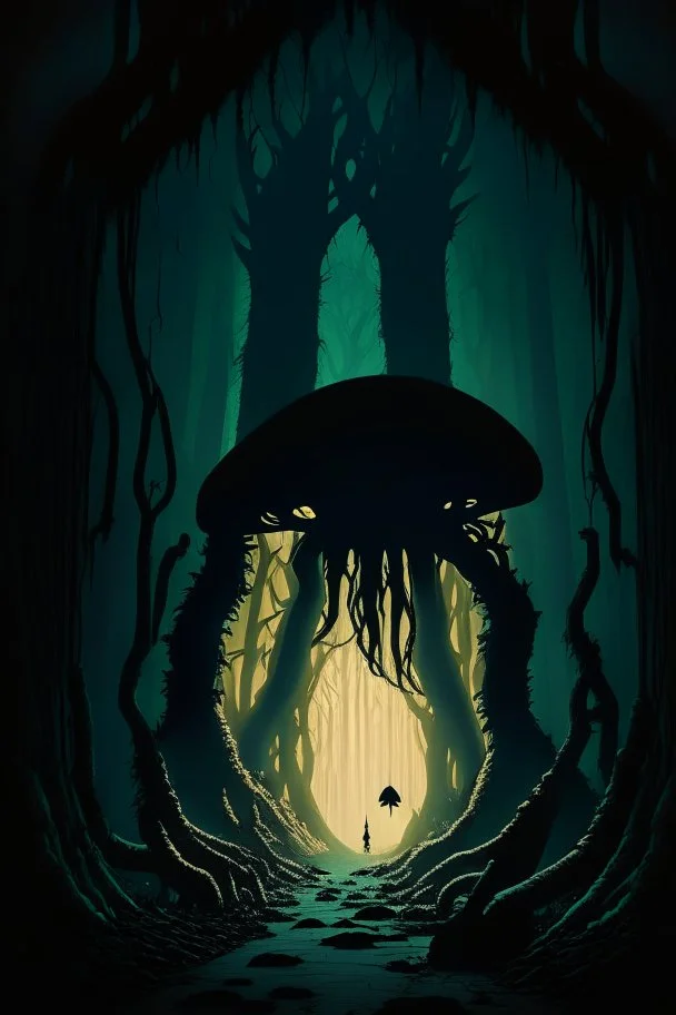 A frightening fungus forest dungeon hallway with the silhouette of a lumbering mushroom monster in the background