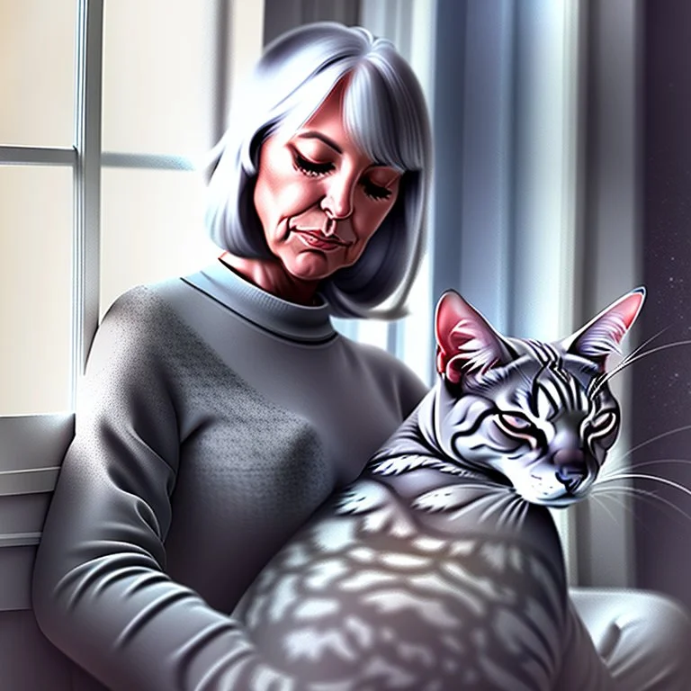 create a sleeping grey haired middle aged woman with chin length hair, sitting on a chair, in front of a window, holding her beloved gray and white tabby Oriental shorthair cat, also sleeping, in her arms. Serene peaceful calm. the snow falling outside