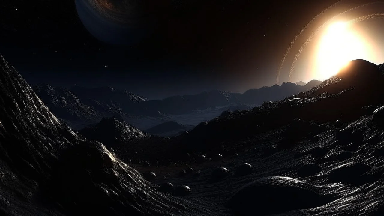 4k, hyper-realistic, Ultra-HD, Ray-tracing, Alien planet, mountainous, Has asteroid belt, milky way, stars, dark, black hole