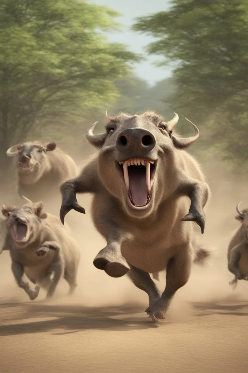 Animation image of warthogs running wild laughing, 8k high quality real life animation