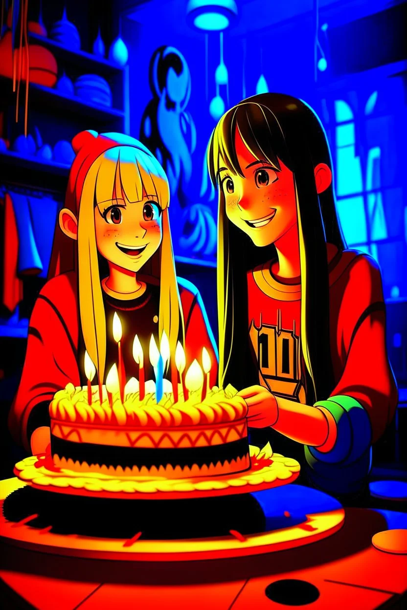 çizgi roman tarzıdoğum günü kutlayan 2 kız