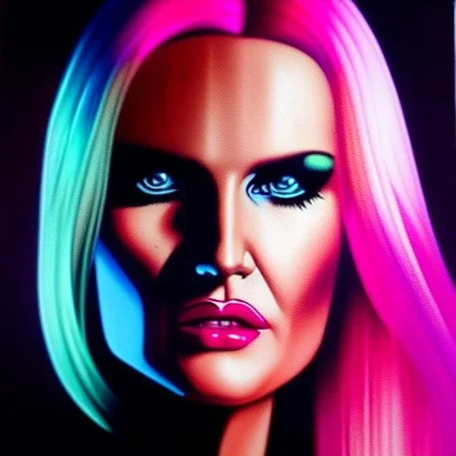 Ultra detailed fullbody Portrait in oil on canvas of Daryl Hannah as punk busty sex bot blade runner ,cuberpunk,neon,orange,pink,purple,extremely detailed digital painting, extremely detailed face,sexy,intense stare,realistic crystal clear sad eyes,perfectly centered image, perfect composition, rim light, beautiful lighting,masterpiece ,16k, stunning scene, raytracing, anatomically correct, in the style of Simon Bisley and uncannyknack and caravaggio and Seung Eun Kim and Steve Jung Jeehyung Lee