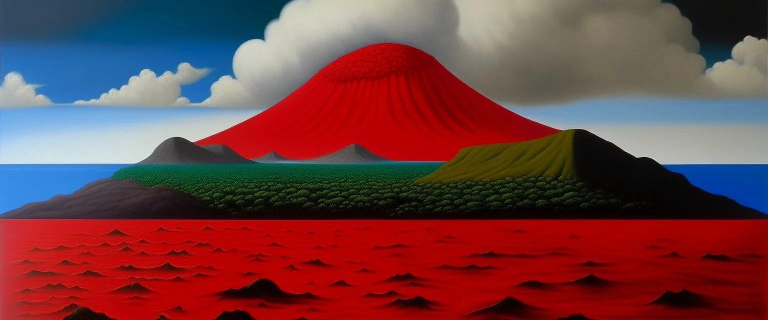 A red beach with an active volcano painted by Rene Magritte