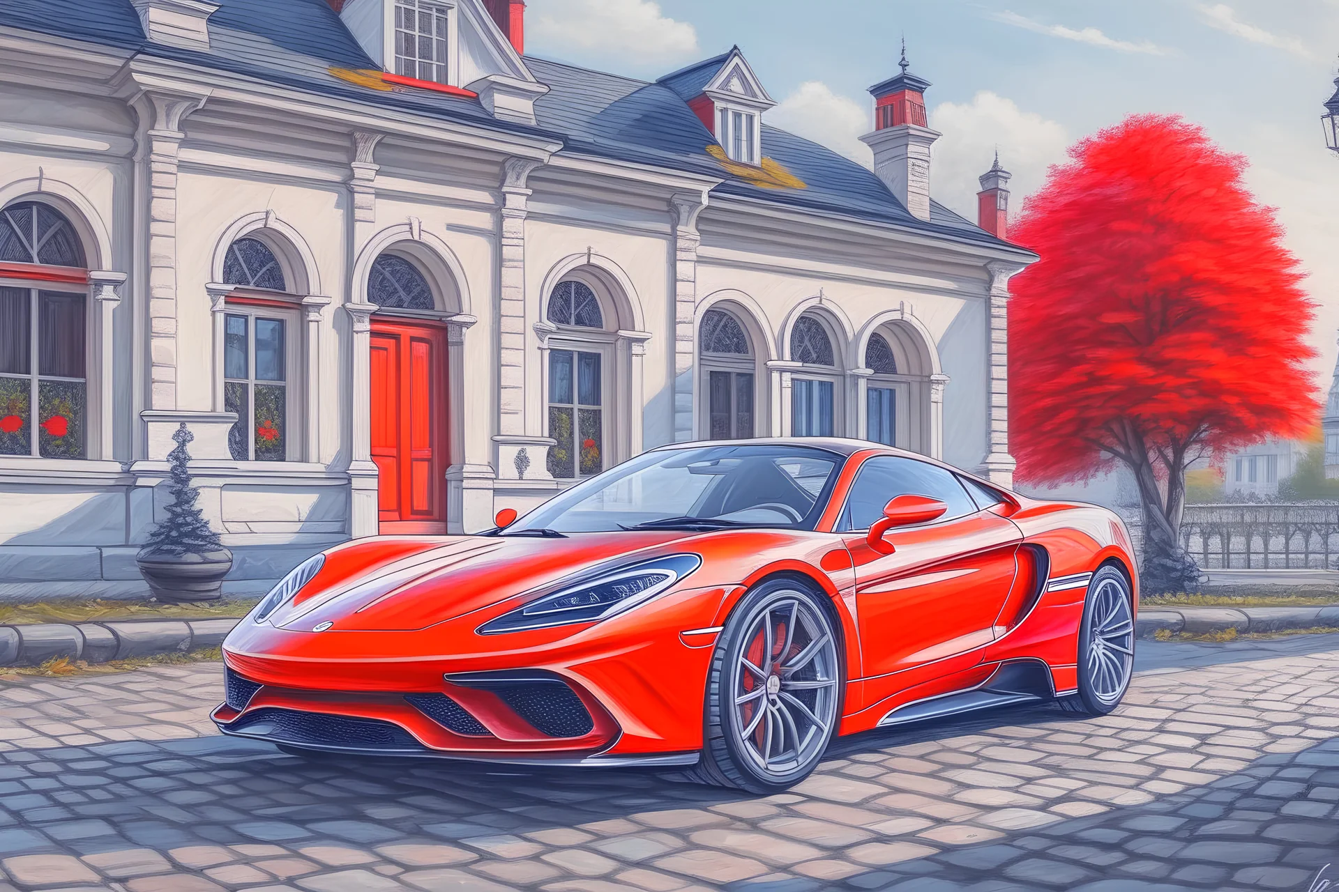 a mclaren car in the Renaissance era in an oil painting style the car is orange