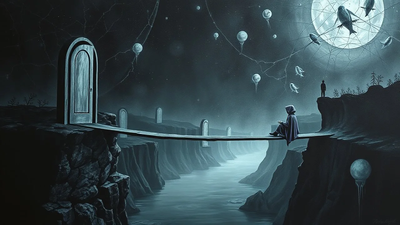 painted inner world with neurodivergens mind and soul, floating doors over surreal cracked weird landscape . one thin bridge over big black river, . deep dark colors, with silver and black. Whimsical strange style of Chagall, of Quentin Blake, andYoshitaka Amano of Anton Semenov. one dark purple-gray human shiluette in hood sitting on bridge and gazes weird absurd beauty nightmare, black shadows, in background cyber neuronic network, surreal vibe, nightmare