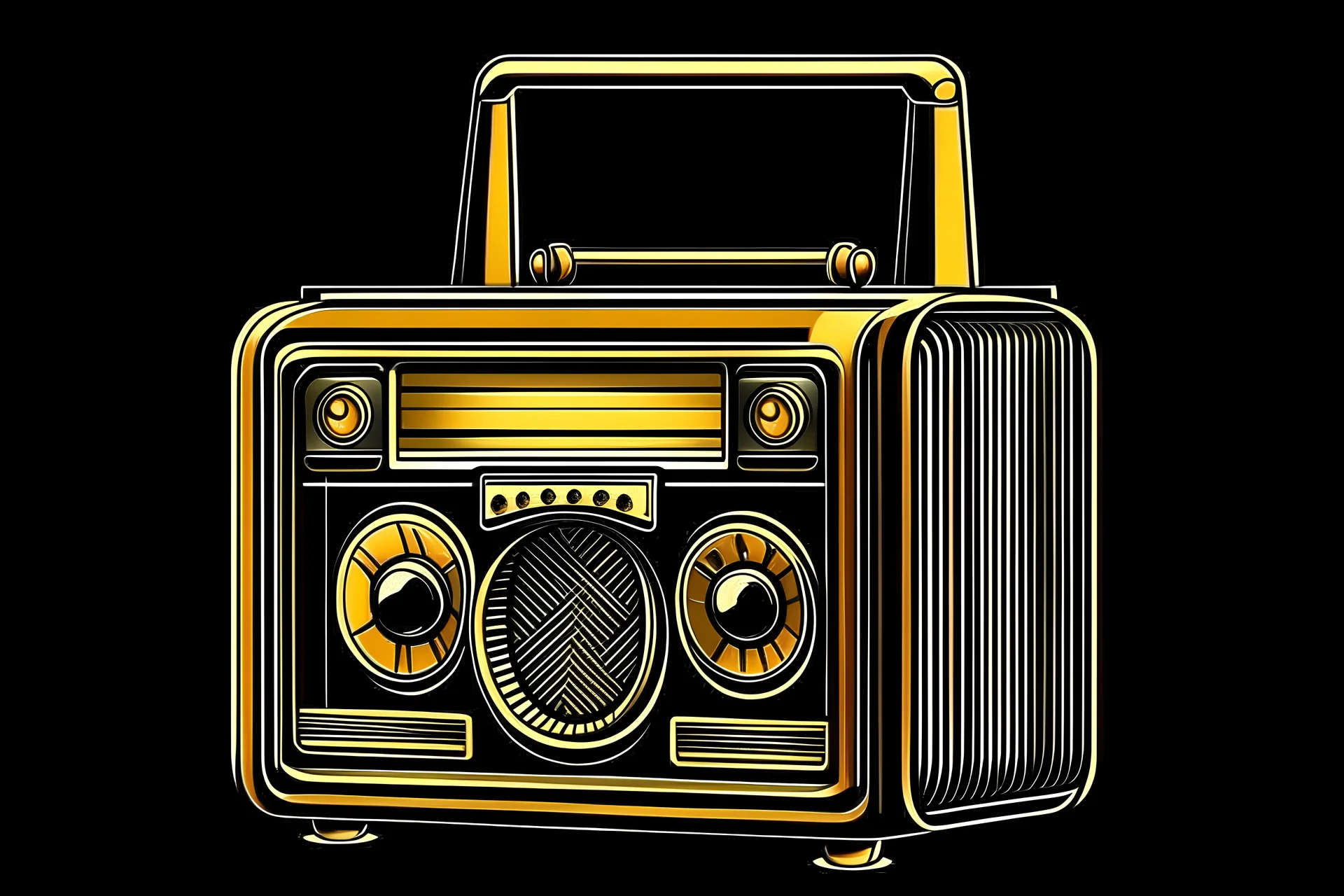 cartoon brown and yellow colored vintage radio. The background is pure black.